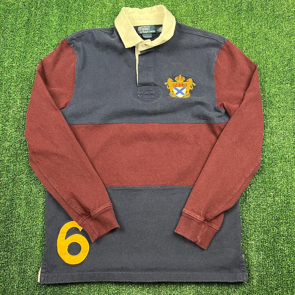 VTG Polo Ralph Lauren Crest Rugby Long Sleeve Striped Navy Shirt Men's Large 90s